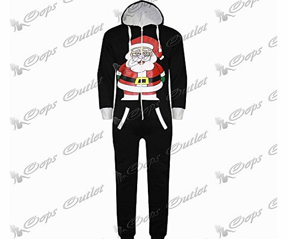 Unisex Xmas All In One Hoody Piece Christmas Santa Jumpsuit Onesie Black - Hooded Casual Front Zip Winter Ladies New Large, UK 12/14