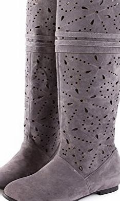 BeanFashion Womens Closed Round Toe Kitten Heels Solid PU Frosted Boots with Hollow Out, Gray, 7.5 UK