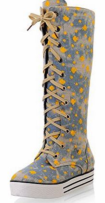 BeanFashion Womens Closed Round Toe Low Heels Denim Solid Boots with Bandage, Yellow, 2.5 UK