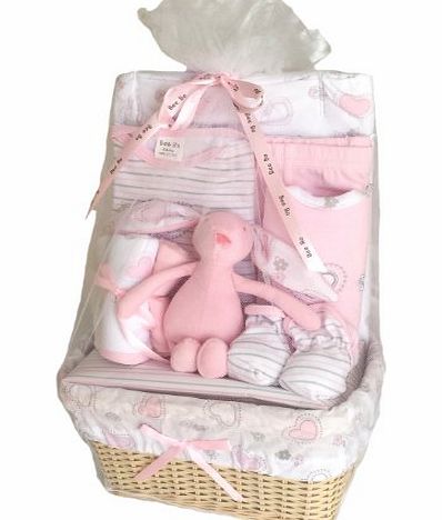 Baby Basket Gift Set 0 - 3 Months - Elephant/Puppy Dog Wrap, Bodysuit, Trousers, Bootees, Bib, Wash & Burp Cloths - Pink