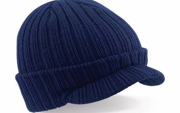 Beechfield  PEAKED BEANIE - RIBBED WARM CAP HAT - 3 COLOURS (NAVY BLUE)