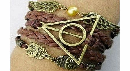 Bentleys Bargain Warehouse Harry Potter Braided rope, platted Leather bracelet, Snitch Angel Wings, Owl, Deathly Hallows Charm Bracelet