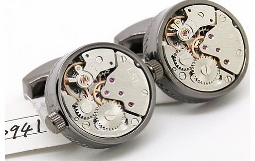 Beour Steampunk Rotating movement Black Round and Silver Movement Watch Functional Mechanical Cufflinks (Diameter: 0.79``)