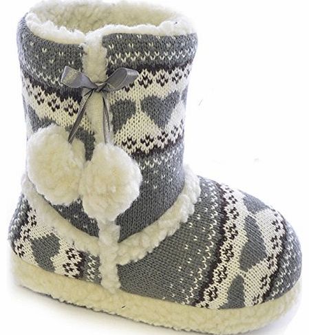 Ladies Hearts Knitted Fur Lined Slipper Boots (Large - UK 7-8, Grey Hearts)