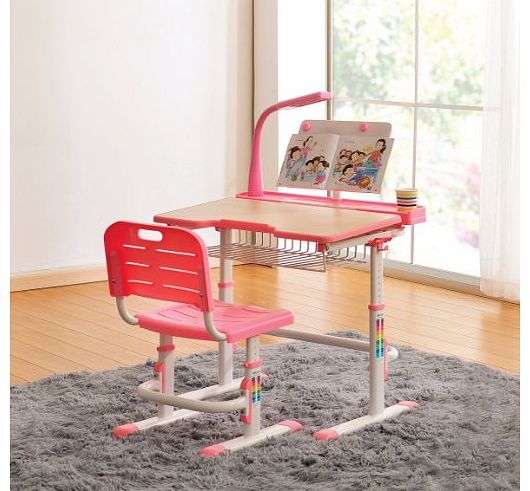 Kids Desk Chair with FREE Steel Bookstand Height Adjustable Children Study Desk Childrens Table and Chairs Ergonomic Design - Midi (Pink) (Desk, Chair and FREE Steel Bookstand; LAMP NOT INCLUDED)