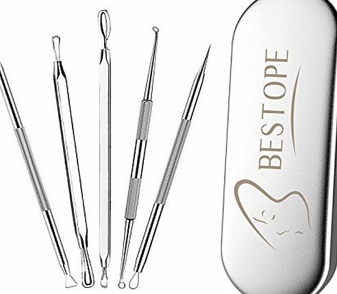 BESTOPE Blackhead Remover - Acne Pimple Comedone Extractor - Whitehead Removal Tool Kit Set of 5Pcs for Lady Facial Care Skin Protect with Silver Metal Case