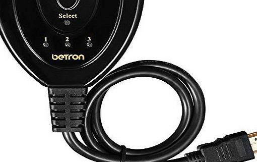 Betron HDMI Switch, Switcher 3 Port, Gold Connectors, 3D support, HDMI v1.4 for HDTV, PS3, Xbox One, 360, Bluray Player, DVD Player etc (HDMI Switch with Cable)