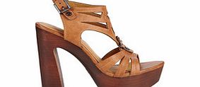 Tan cut-out strap platform heels