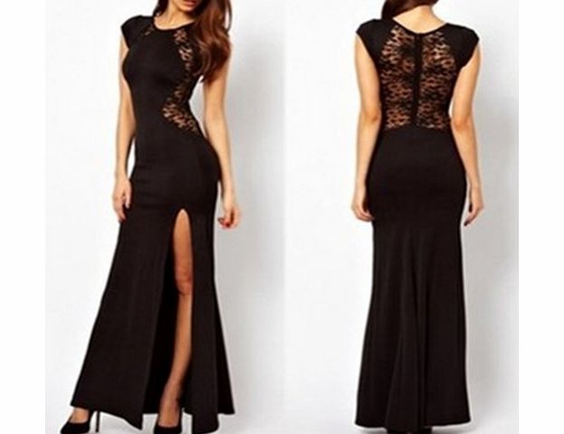 Sexy Womens Ladies Floral Lace See-through Back Slim Bodycon Side Split Maxi Long Party Evening Dress Black 14