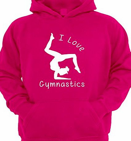 Beyondsome Girls I Love Gymnastics Hoodie - Various Colours Available (11-12, Fuchsia Pink - White Print)