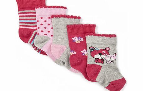 Bhs Baby Girls 5 Pack Pink Cat Socks, multi pink