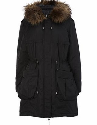 Bhs Black Lux Parka With Faux Fur Trims, black