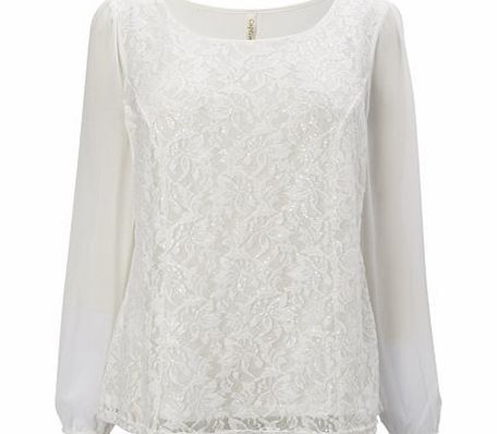 Bhs Ivory Lace Front Sequinned Blouse, ivory