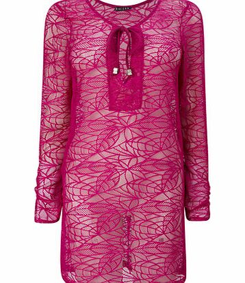 Bhs Magenta Open Knit Cover Up With Neck Tie Detail,