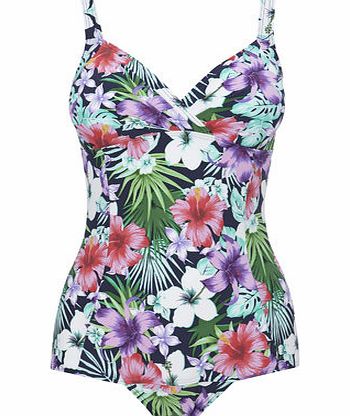 Bhs Navy Floral Print Tummy Control Swimsuit, navy