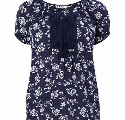 Navy Floral Top With Trim Detail, navy 483500249