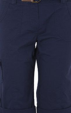 Bhs Navy Petite Cotton Belted Crop Trouser, navy