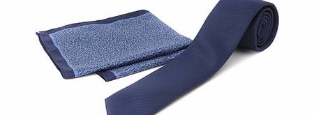 Bhs Navy Slim Tie and Geometric Hanky Set, Blue