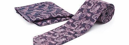 Bhs Navy with Pink Paisley Design Tie and Hanky Set,