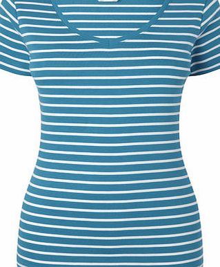 Bhs Peacock/White Short Sleeve Stripe V Neck Top,