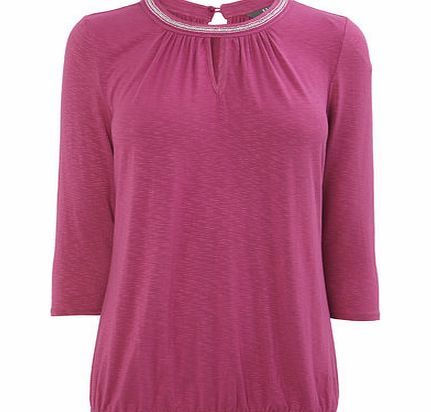 Bhs Pink 3/4 Sleeve Embellished Neck Top, pink