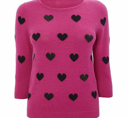 Bhs Pink Petite Embellished Heart Jumper, pink/black