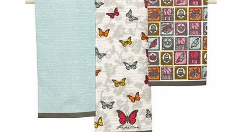 Bhs Set of three tea towels with butterfly stamp,