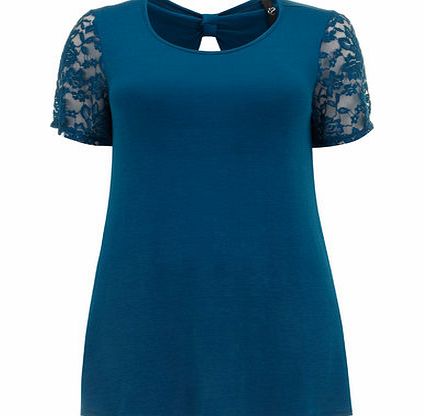 Bhs Teal Lace Sleeve Bow Back Top, green 12612219533
