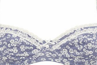 White/Blue Floral Print Underwired Bra, aqua