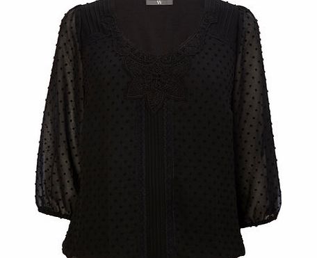 Bhs Womens Black 3/4 Sleeve Crochet Dobby Blouse,