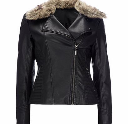 Bhs Womens Black Fur Collar Biker Jacket, black