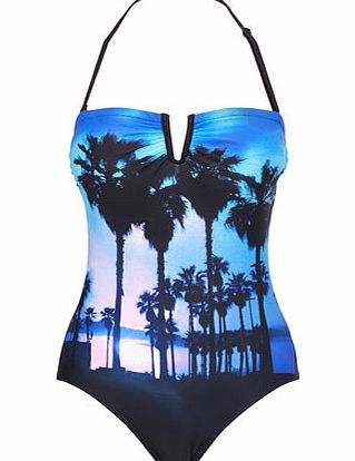 Womens Blue Palm Printed Bandeau Swimsuit, blue