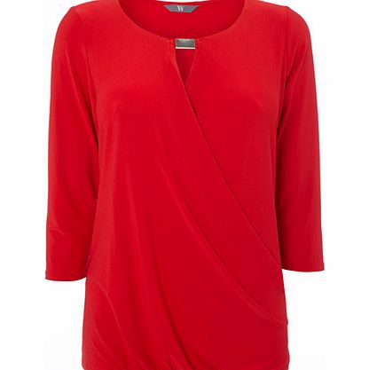 Bhs Womens Red 3/4 Sleeve Slinky Wrap Top, red
