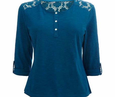 Bhs Womens Teal Petites 3/4 Sleeve Lace Panel Top,