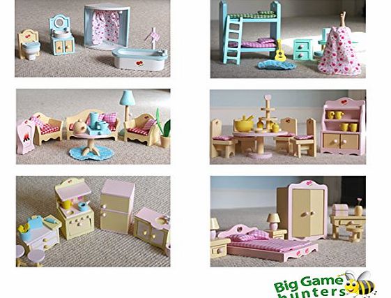 Complete Pack of 6 Sweetbee Wooden Dolls House Furniture Sets - Bargain Bundle! 6 beautiful room sets for childrens dolls houses