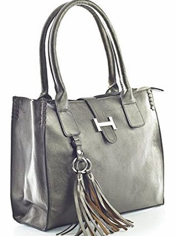 Womens Faux Leather Medium Size Satchel with Make up Pouch Bag (5002 Gunmetal)