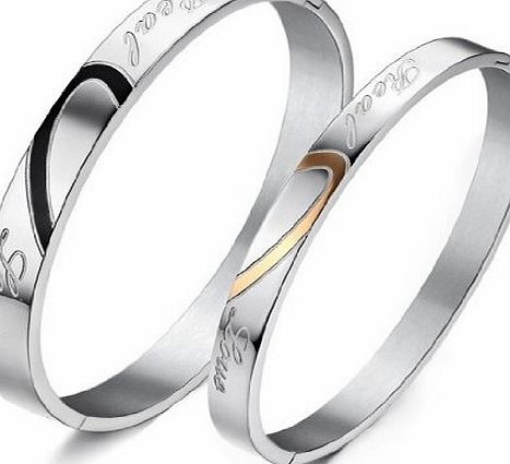bigsoho Fashion Half Heart Shape ``Real Love`` Black/Golden Titanium Stainless Steel Men/Women Bangle Couple Bracelets