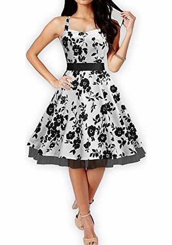 Black Butterfly Clothing Black Butterfly Floral 50S 60S Rockabilly Vtg Swing Prom Dress (24, White - Black Floral)