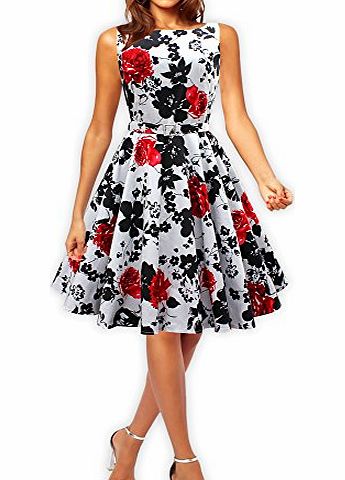 Classy Audrey Vintage Floral 1950s Rockabilly Swing Evening Dress (Size 12, White - Black Floral)