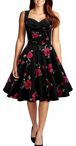 Black Butterfly Clothing Classy Vintage 1950s Pinup Full Circle Swing Dress - Black - Large Red Roses - Size 16