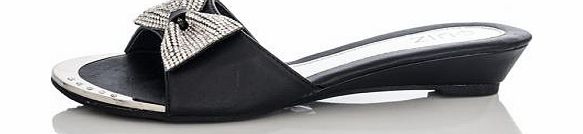 Black Diamante Bow Low Wedge Sandals
