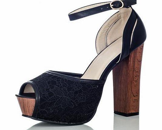 Black Lace Block Wood Heel Shoes