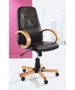 Black Leather Faced Managers Chair with Wooden Arms/Legs