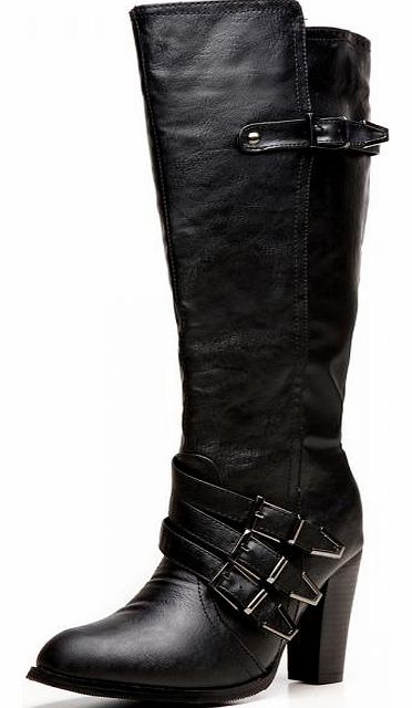 Black PU Buckle High Leg Boots
