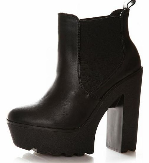 Black PU Cleated Sole Platform Ankle Boots