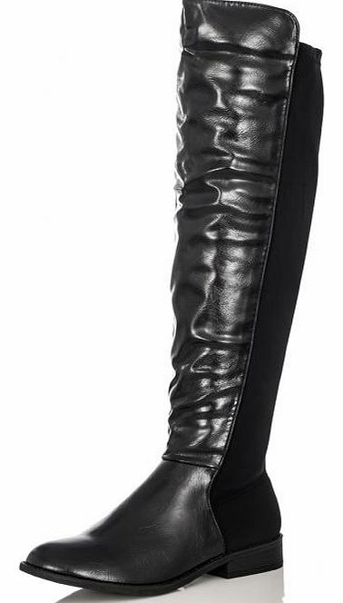 Black PU Stretch Back Calf Length Boots