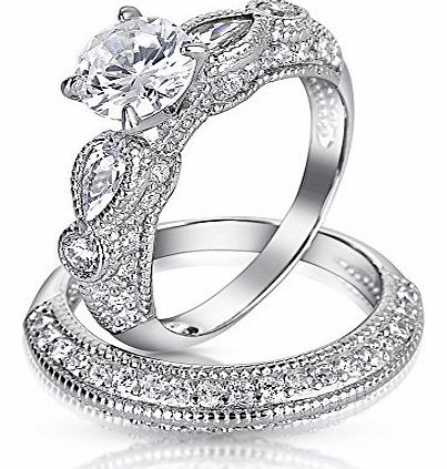 925 Sterling Silver Vintage Style CZ Round Teardrop Wedding Engagement Ring Set