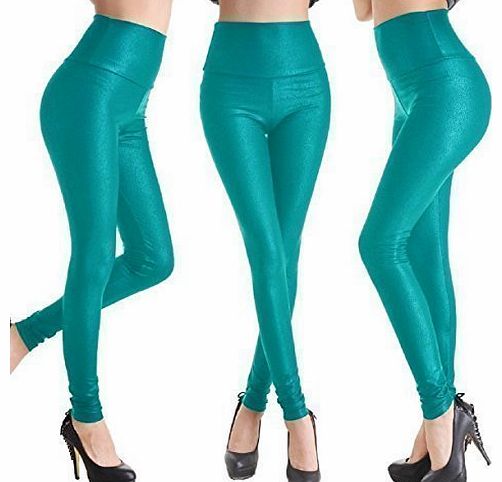 Bluebell Retail Ladies Faux Leather Fashion Leggings (Small - Size 8, Cyan)