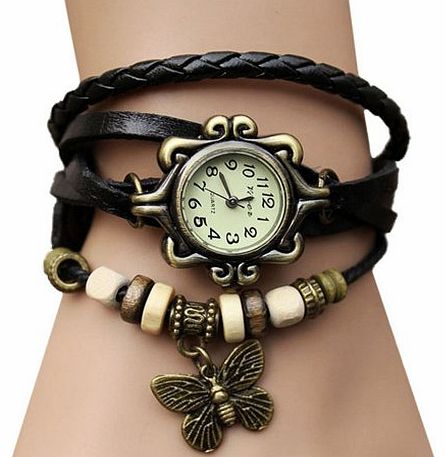 Black Newest Quartz Fashion Weave Around Leather Bracelet Lady Woman Wrist Watch