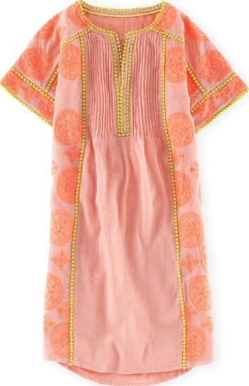 Boden Embroidered Dress Ivory/Citrus/Flamenco Pink